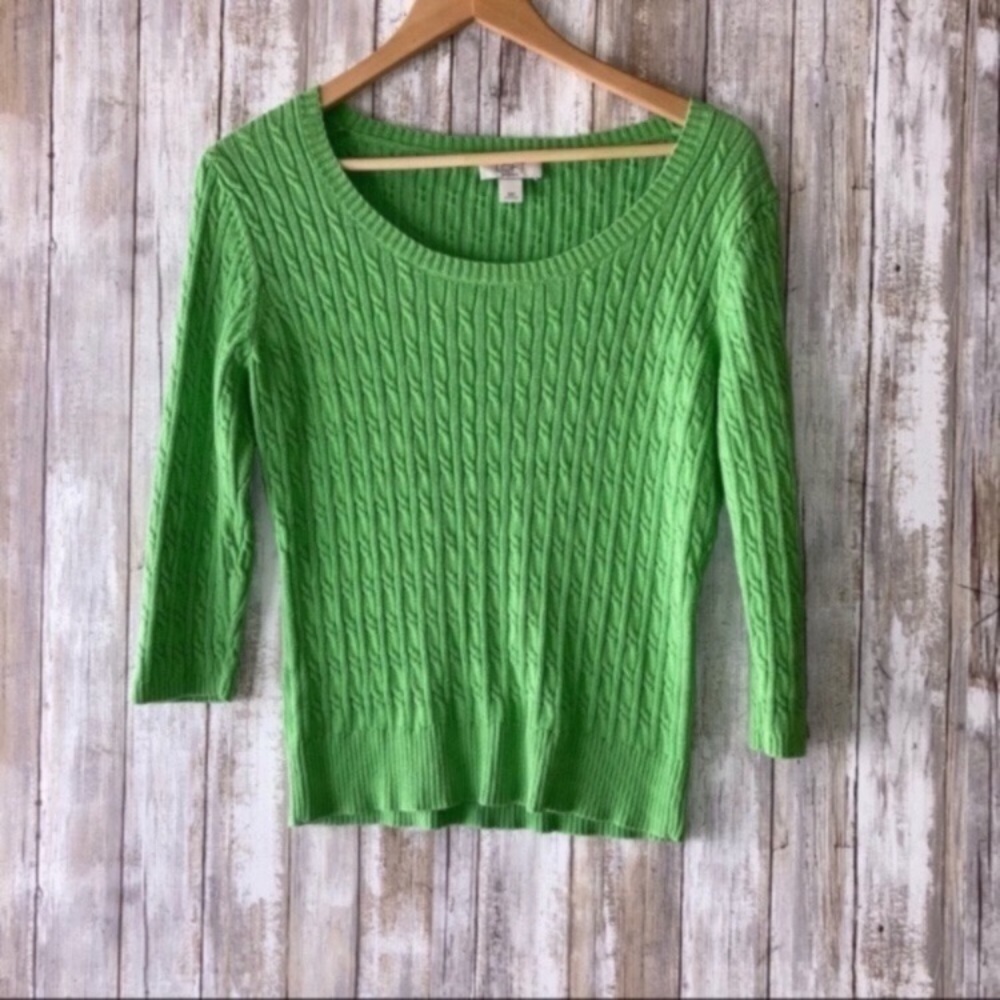 LOFT Green Cable Knit Sweater Petite Medium 3/4 Sleeve Pullover